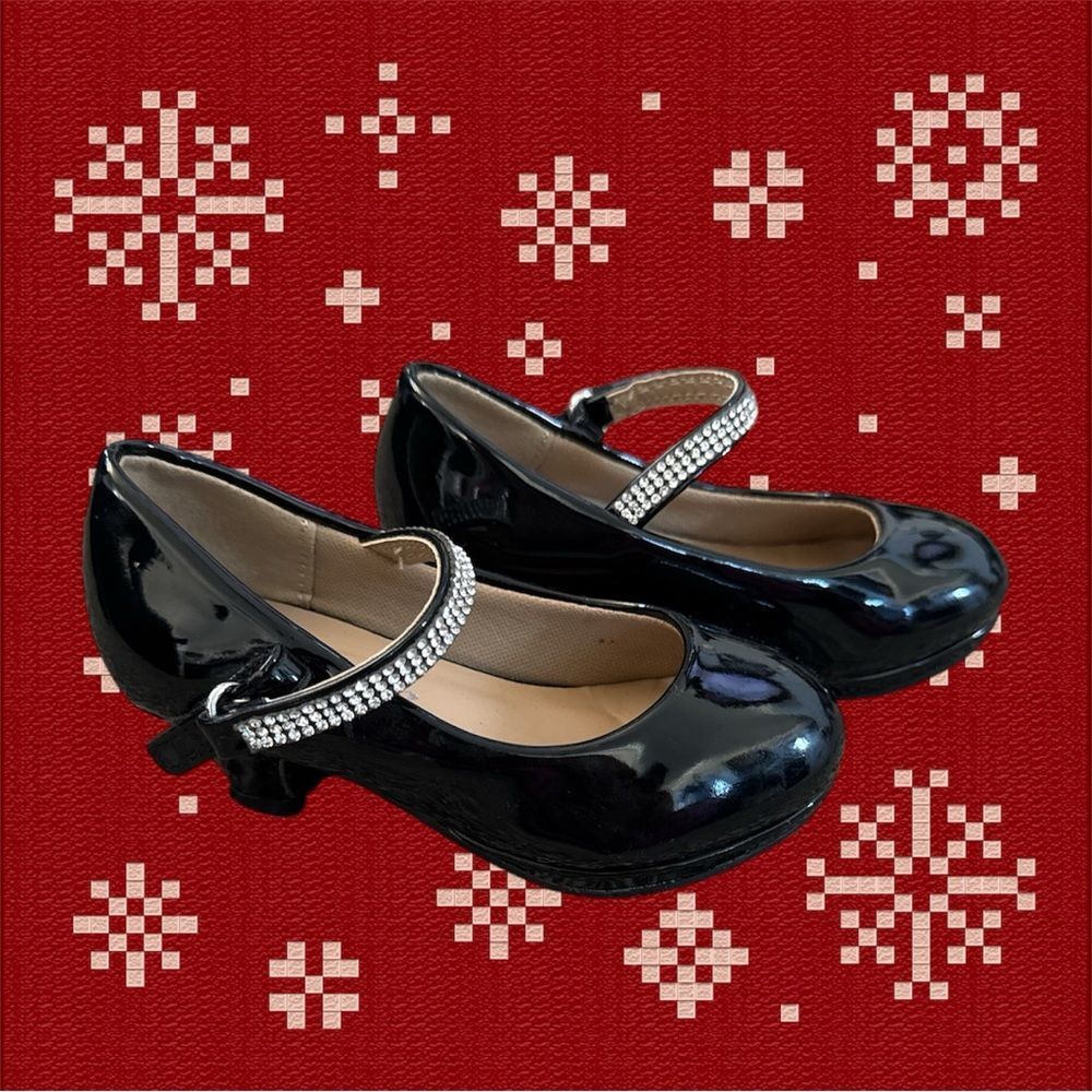 Shiny Black Toddler Dress Shoes with Rhinestone Strap